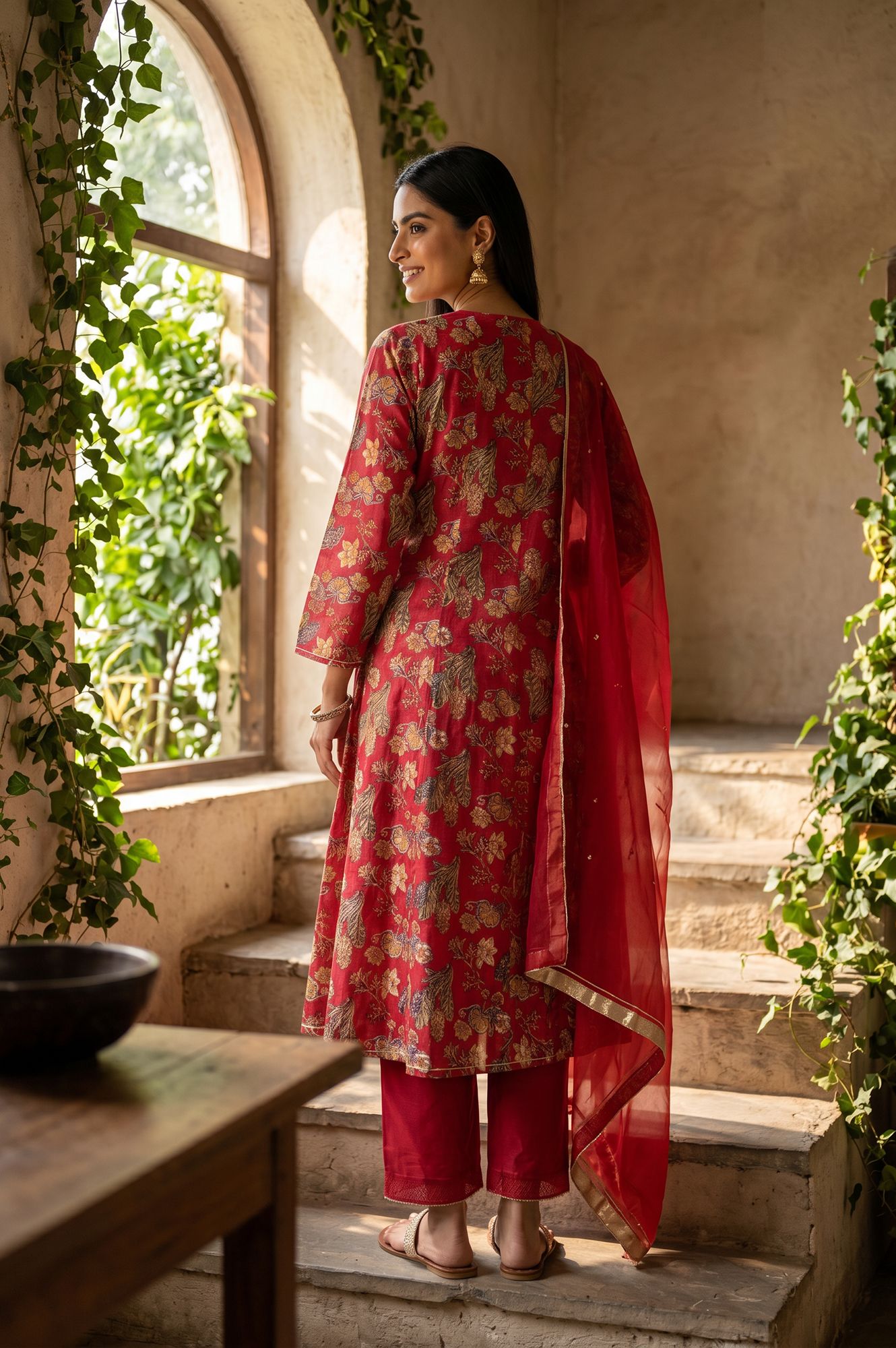 Red Block Printed Gota Patti Cotton Silk Flared Kurta with Pant and Dupatta Set