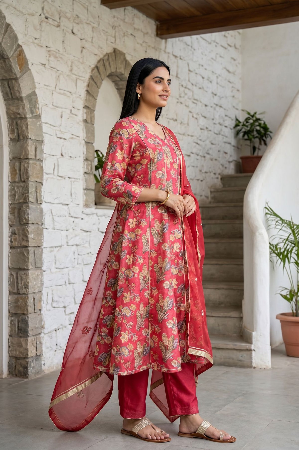 Red Block Printed Gota Patti Cotton Silk Flared Kurta with Pant and Dupatta Set