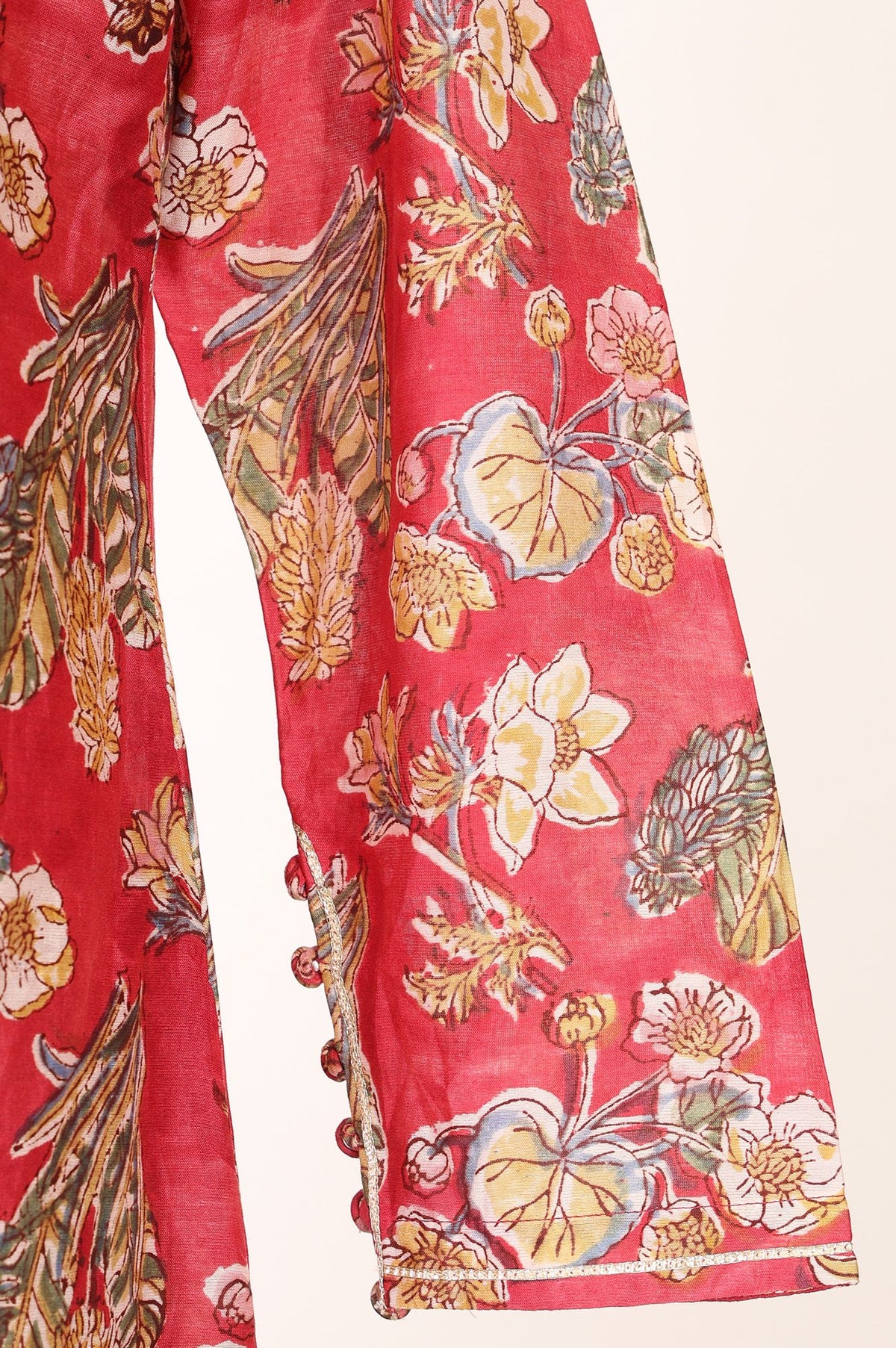 Red Block Printed Gota Patti Cotton Silk Flared Kurta with Pant and Dupatta Set