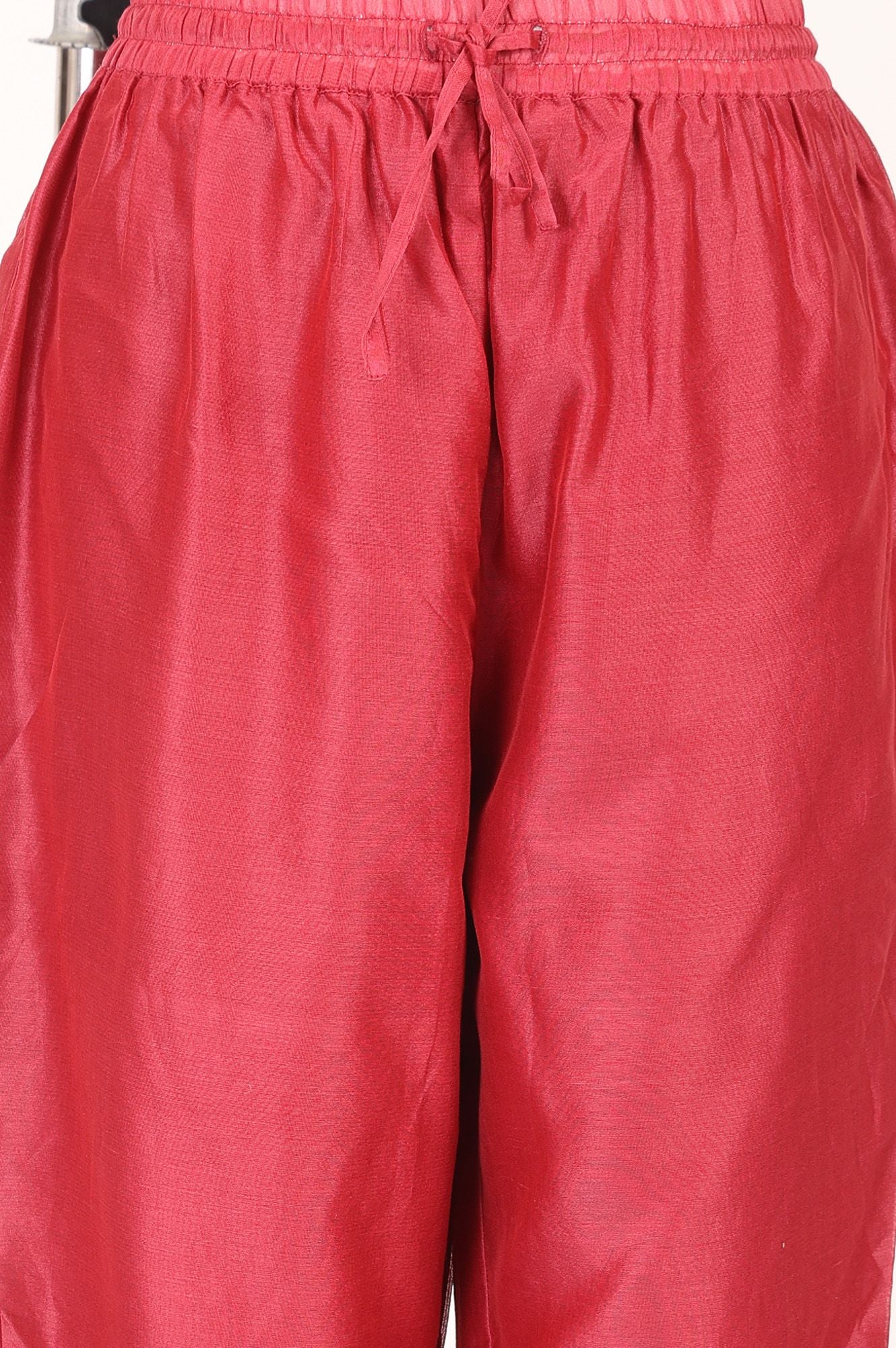 Red Block Printed Gota Patti Cotton Silk Flared Kurta with Pant and Dupatta Set