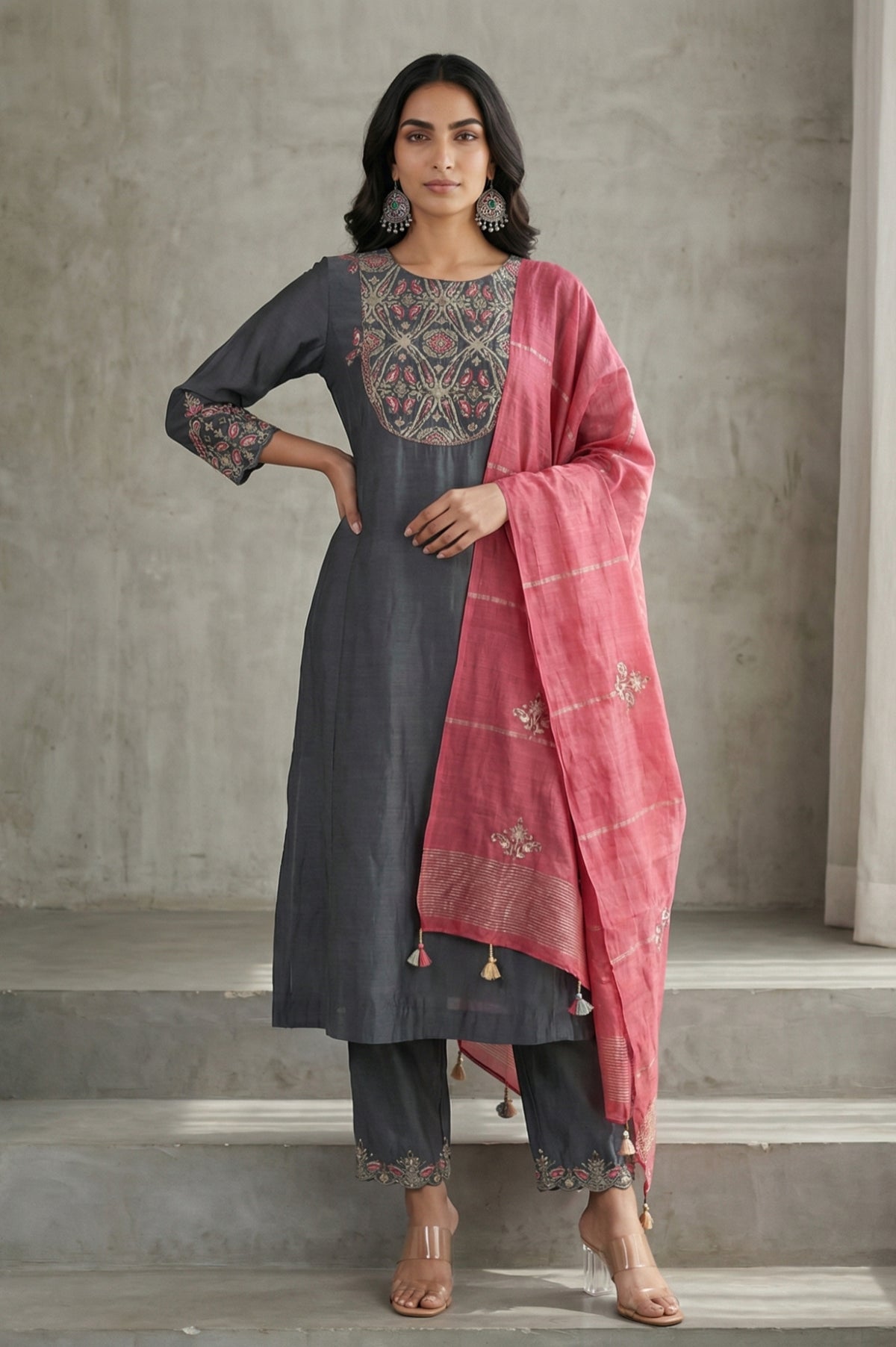 Grey Embroidered Cotton Silk Straight Kurta with Straight Pants and Dupatta Set