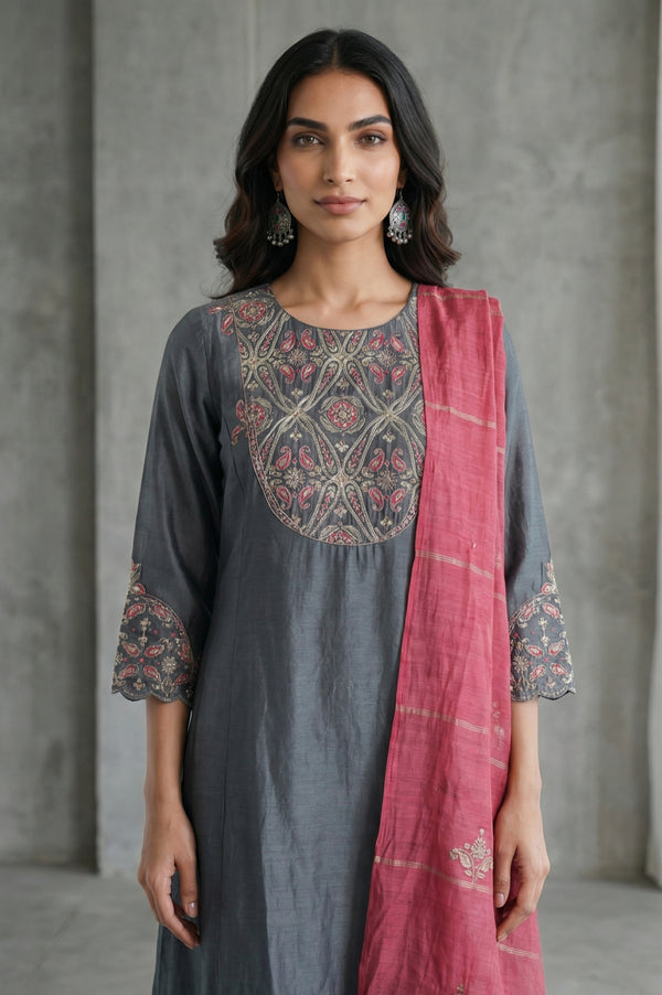 Grey Embroidered Cotton Silk Straight Kurta with Straight Pants and Dupatta Set