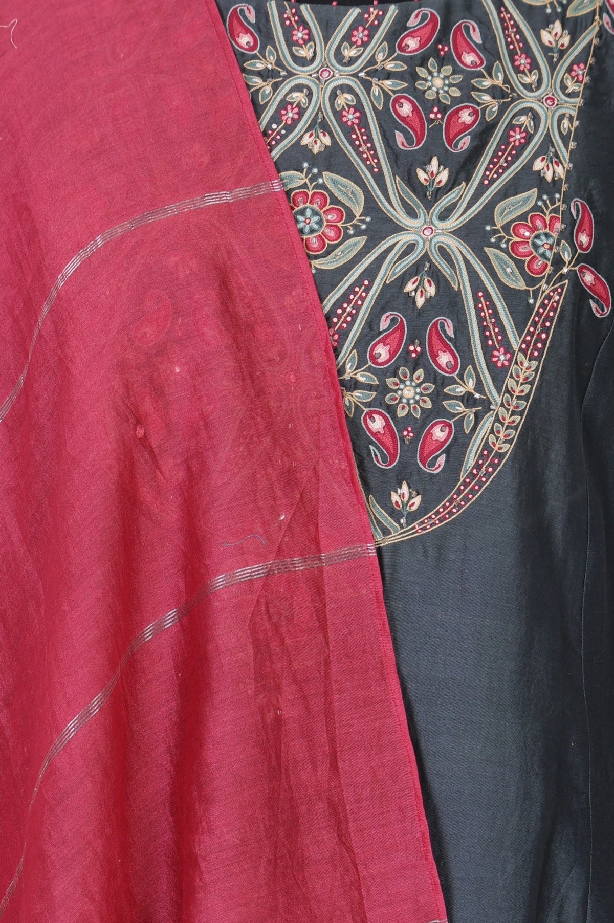 Grey Embroidered Cotton Silk Straight Kurta with Straight Pants and Dupatta Set