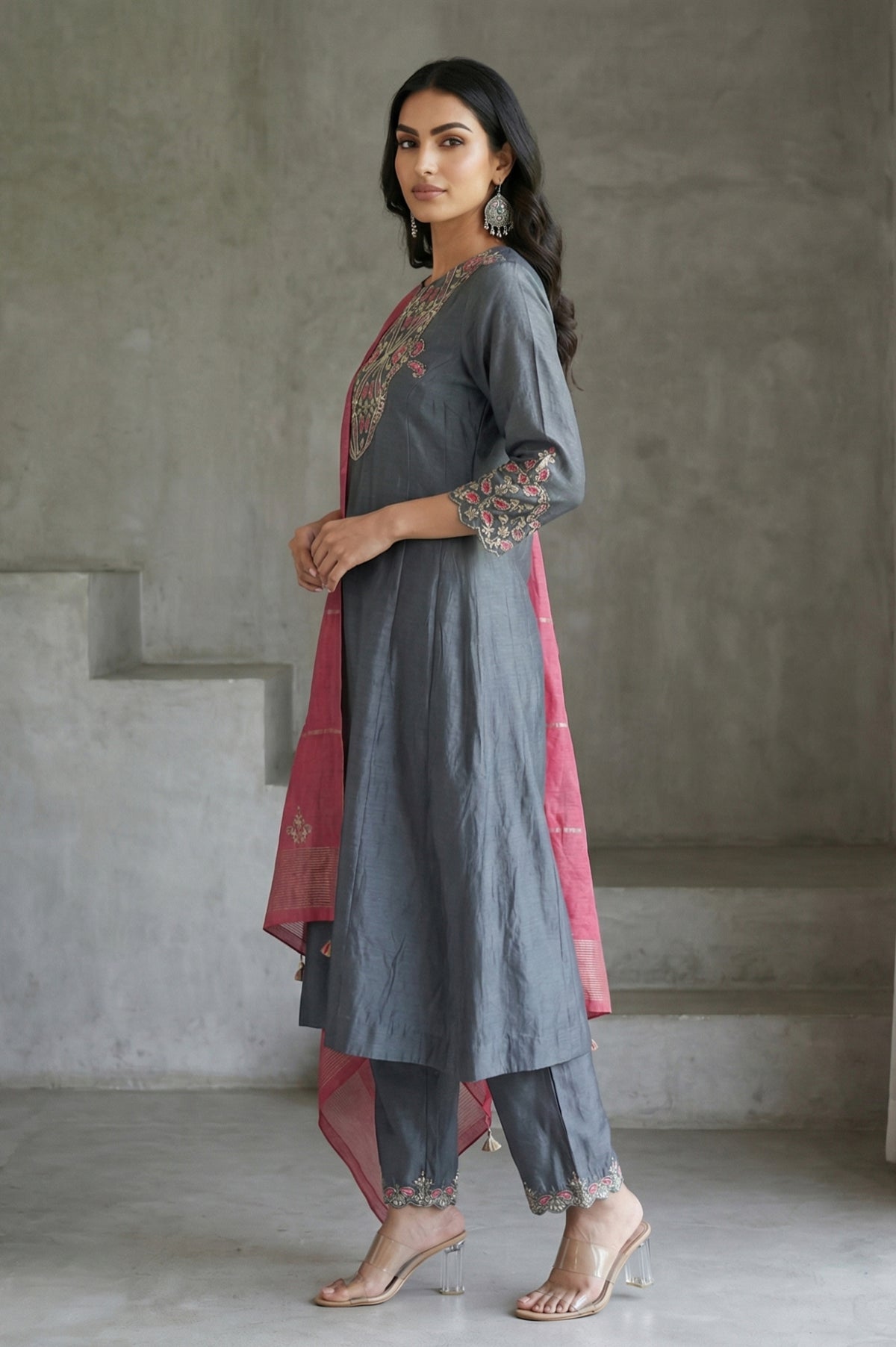 Grey Embroidered Cotton Silk Straight Kurta with Straight Pants and Dupatta Set