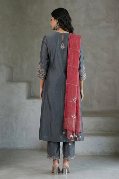 Grey Embroidered Cotton Silk Straight Kurta with Straight Pants and Dupatta Set