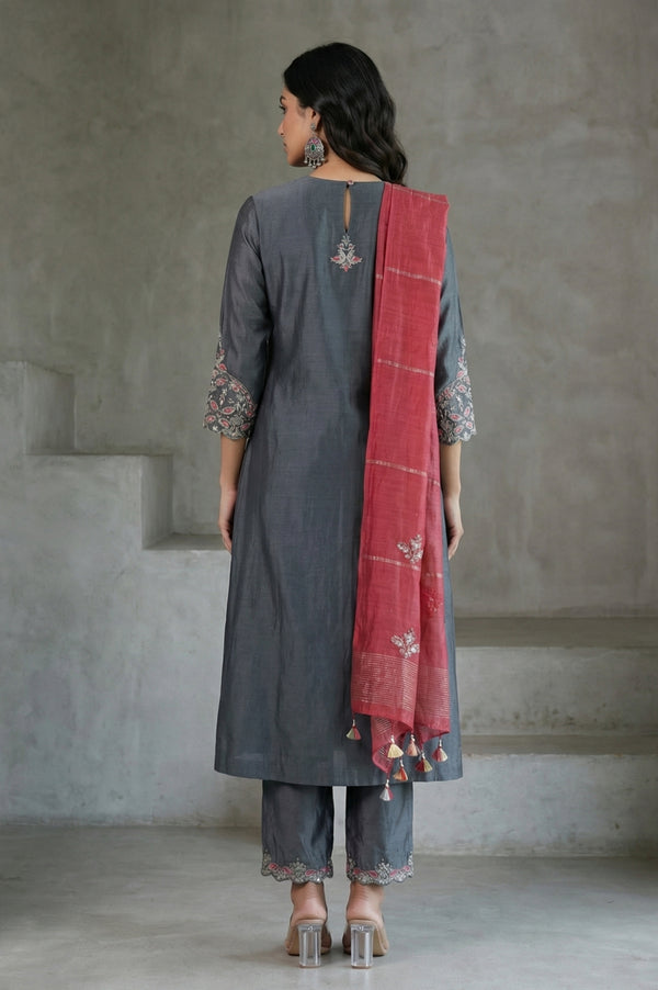 Grey Embroidered Cotton Silk Straight Kurta with Straight Pants and Dupatta Set