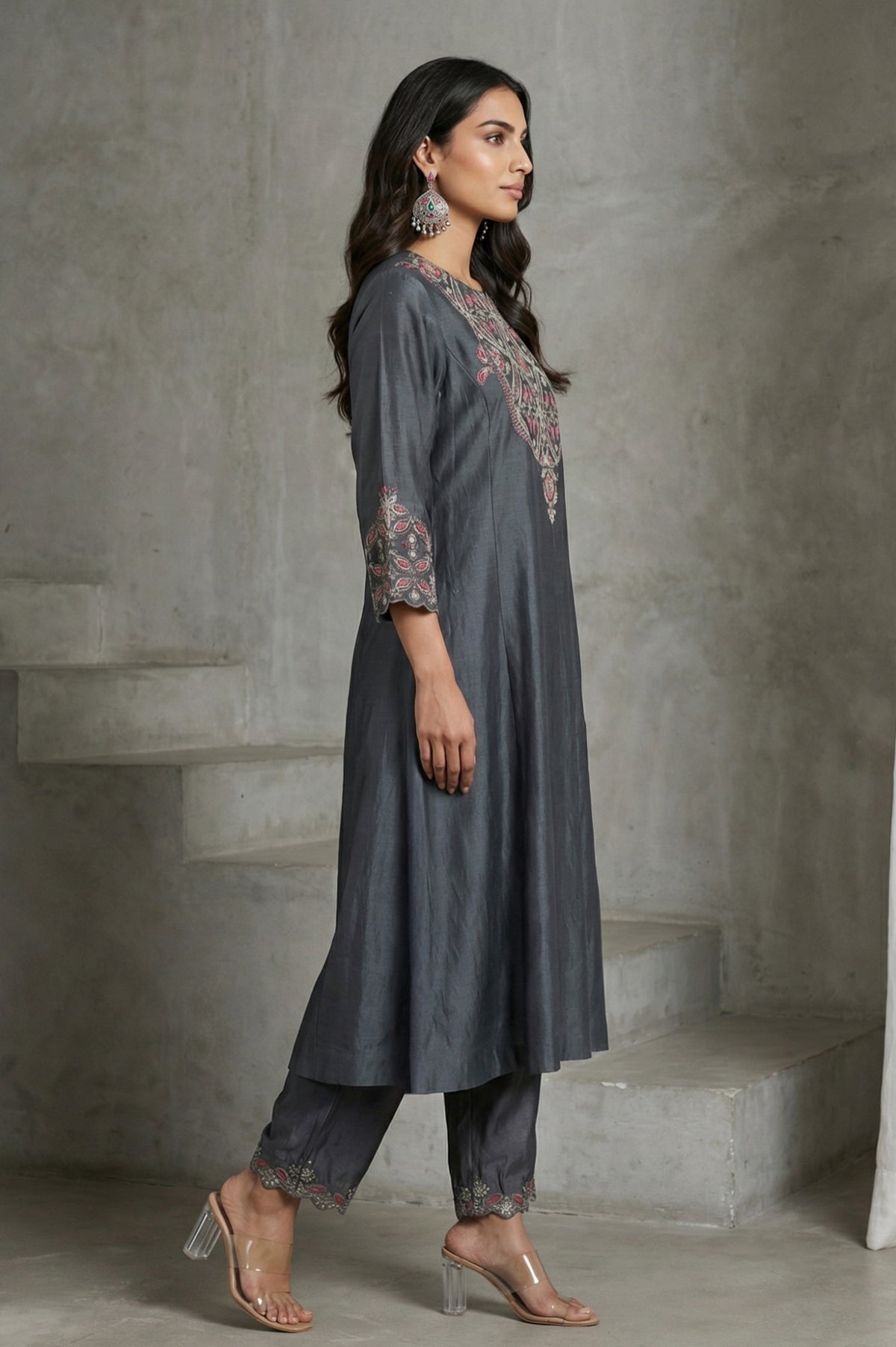 Grey Embroidered Cotton Silk Straight Kurta with Straight Pants and Dupatta Set