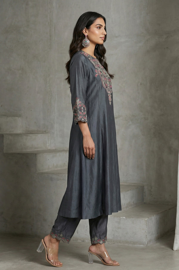 Grey Embroidered Cotton Silk Straight Kurta with Straight Pants and Dupatta Set