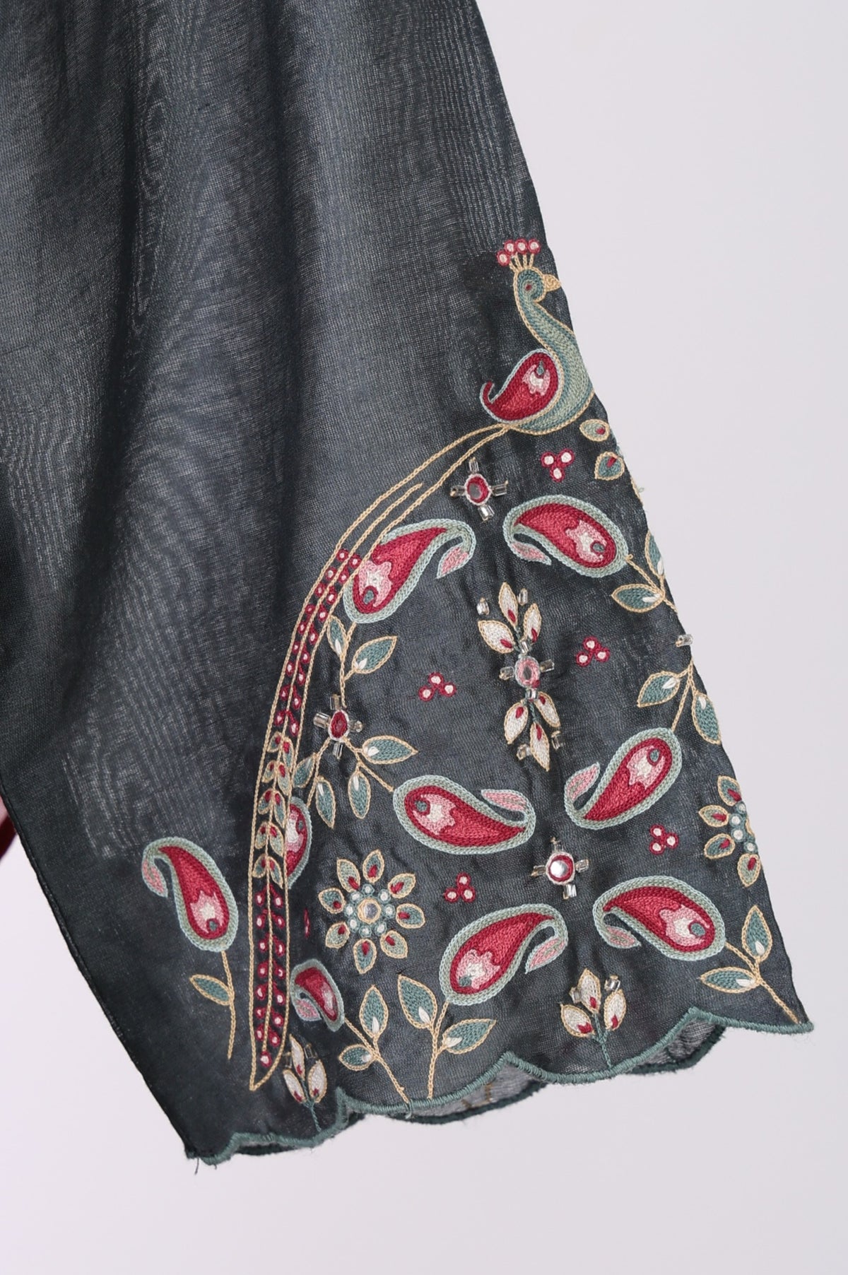 Grey Embroidered Cotton Silk Straight Kurta with Straight Pants and Dupatta Set