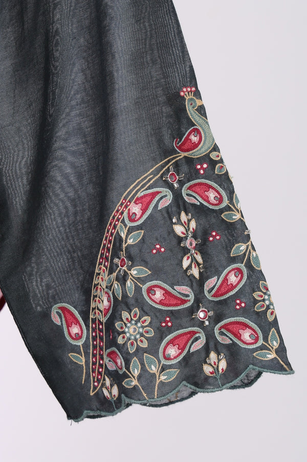 Grey Embroidered Cotton Silk Straight Kurta with Straight Pants and Dupatta Set