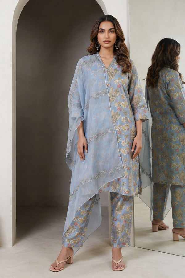 Blue Sequins Block Printed Cotton Blend Straight Kurta with Straight Pants and Dupatta Set