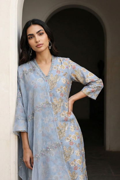 Blue Sequins Block Printed Cotton Blend Straight Kurta with Straight Pants and Dupatta Set