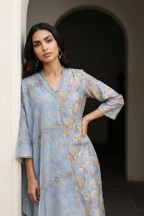 Blue Sequins Block Printed Cotton Blend Straight Kurta with Straight Pants and Dupatta Set