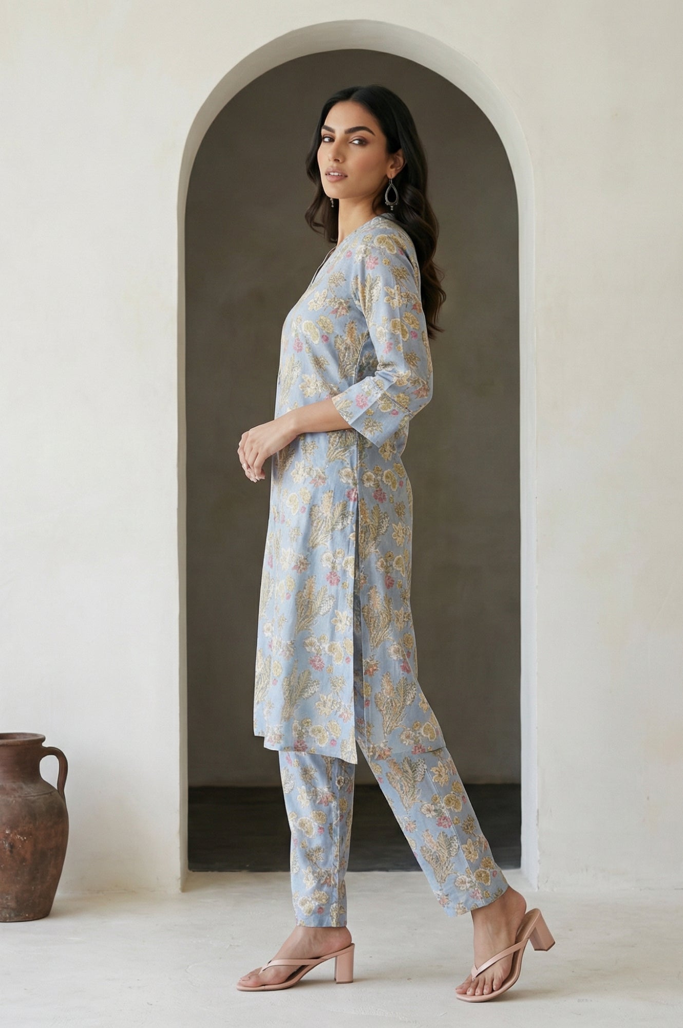 Blue Sequins Block Printed Cotton Blend Straight Kurta with Straight Pants and Dupatta Set