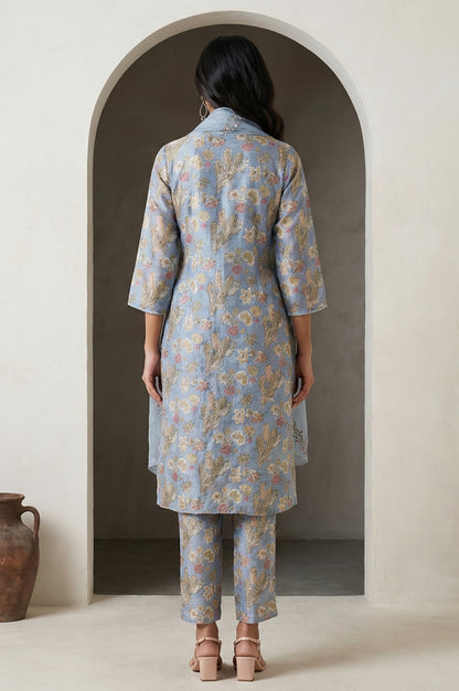 Blue Sequins Block Printed Cotton Blend Straight Kurta with Straight Pants and Dupatta Set