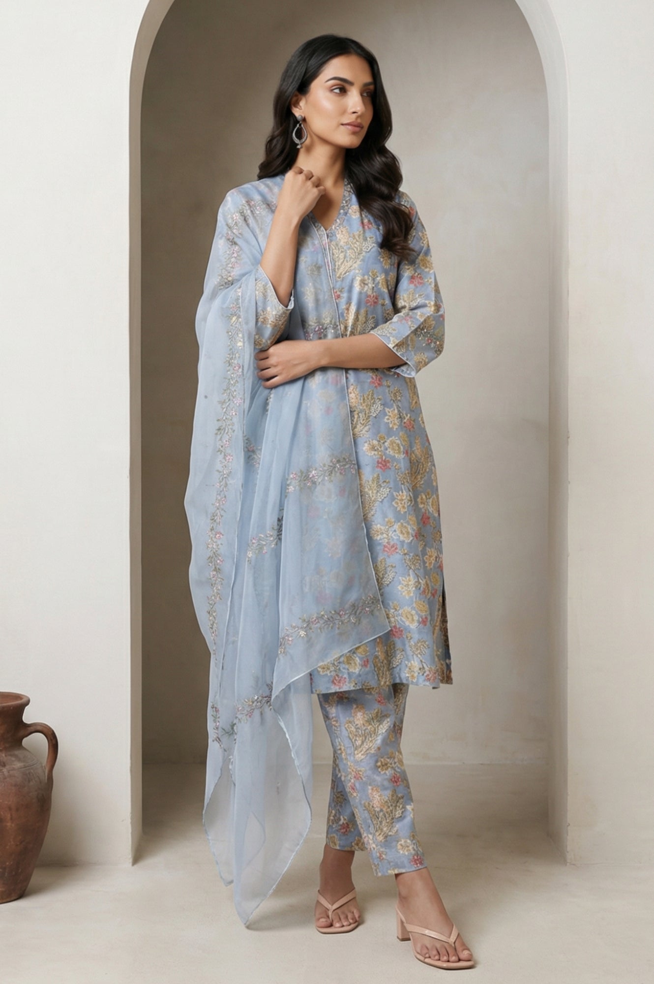 Blue Sequins Block Printed Cotton Blend Straight Kurta with Straight Pants and Dupatta Set
