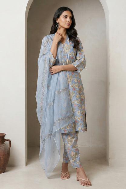 Blue Sequins Block Printed Cotton Blend Straight Kurta with Straight Pants and Dupatta Set
