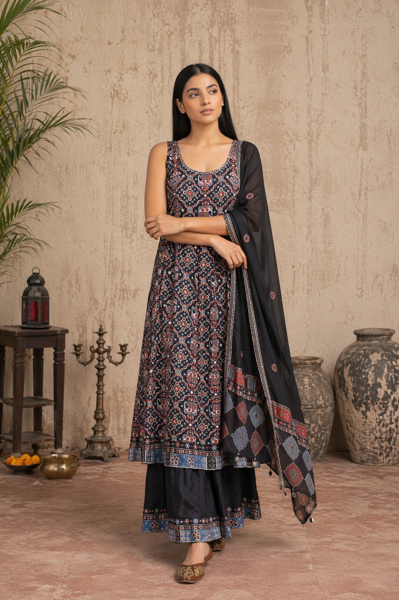 Black Ethnic Motifs Printed Modal Satin Sleeveless Flared Kurta with Culottess and Dupatta Set