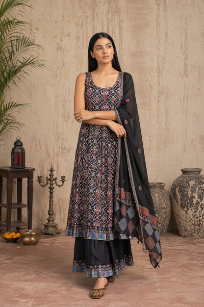 Black Ethnic Motifs Printed Modal Satin Sleeveless Flared Kurta with Culottess and Dupatta Set