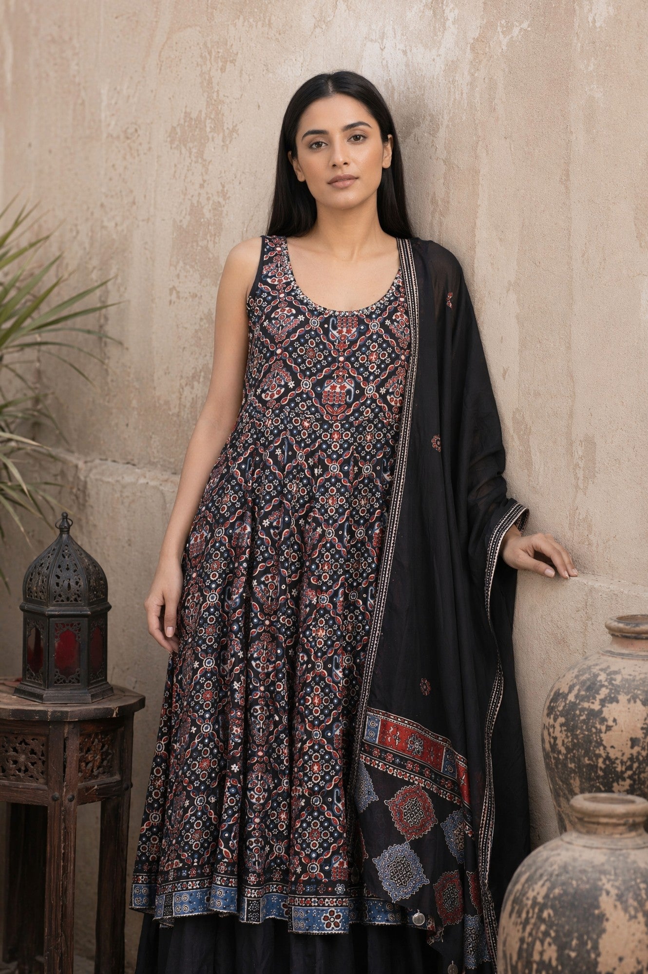 Black Ethnic Motifs Printed Modal Satin Sleeveless Flared Kurta with Culottess and Dupatta Set