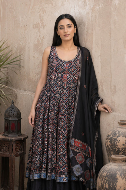 Black Ethnic Motifs Printed Modal Satin Sleeveless Flared Kurta with Culottess and Dupatta Set