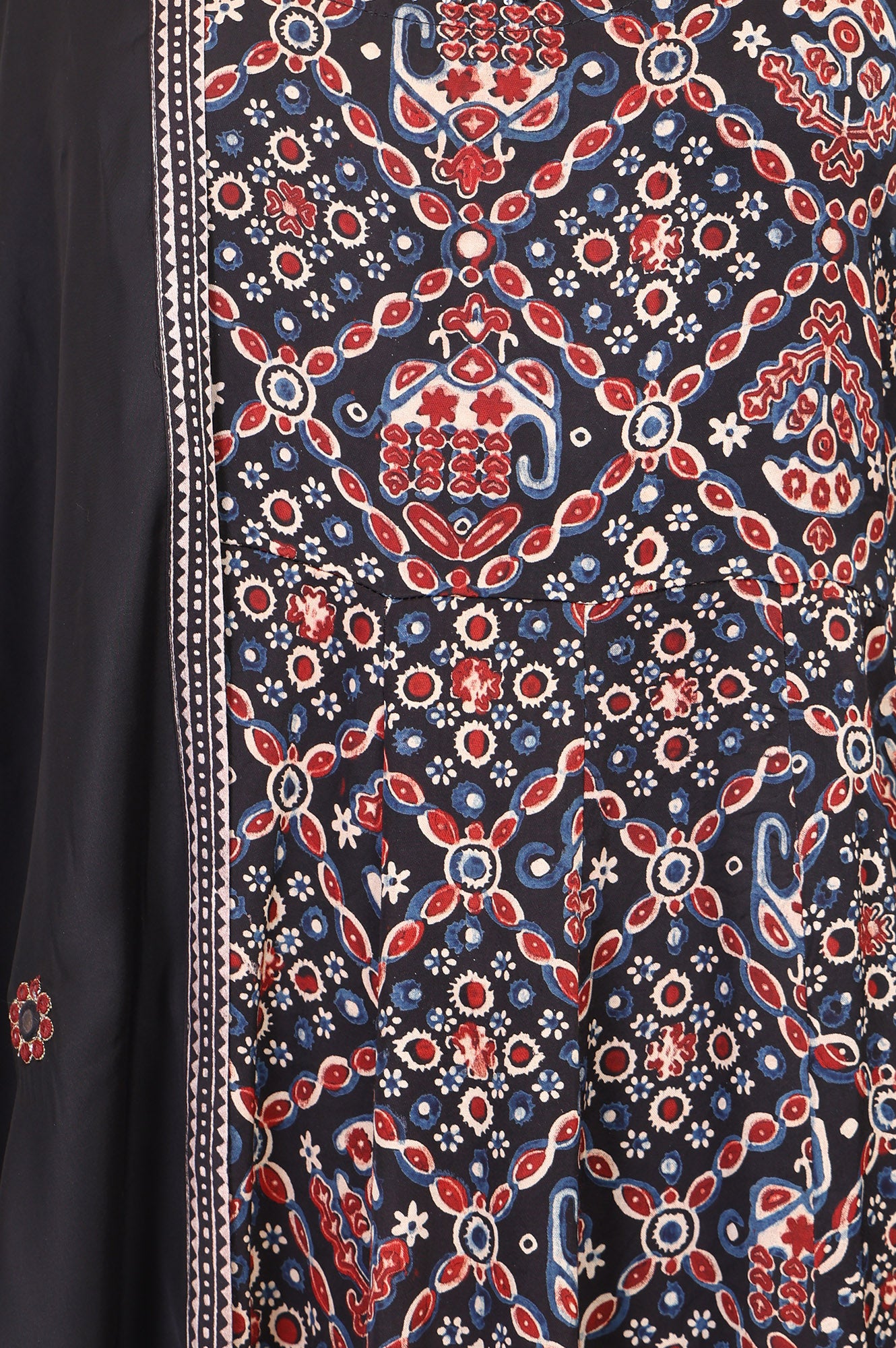 Black Ethnic Motifs Printed Modal Satin Sleeveless Flared Kurta with Culottess and Dupatta Set