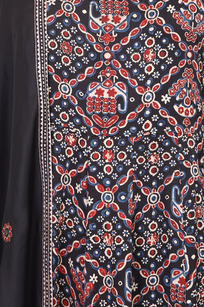 Black Ethnic Motifs Printed Modal Satin Sleeveless Flared Kurta with Culottess and Dupatta Set