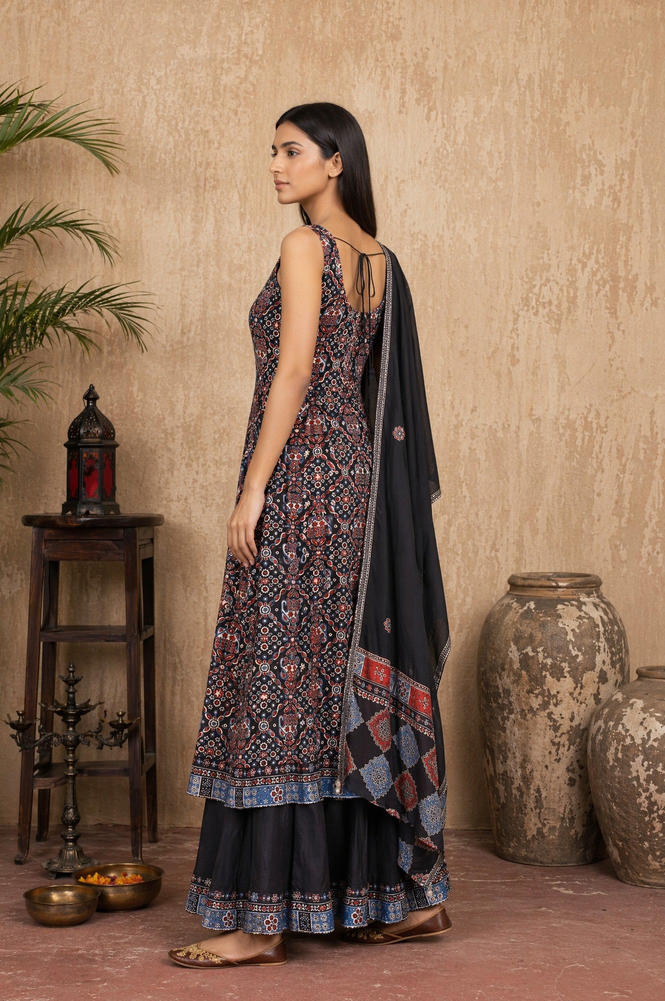 Black Ethnic Motifs Printed Modal Satin Sleeveless Flared Kurta with Culottess and Dupatta Set