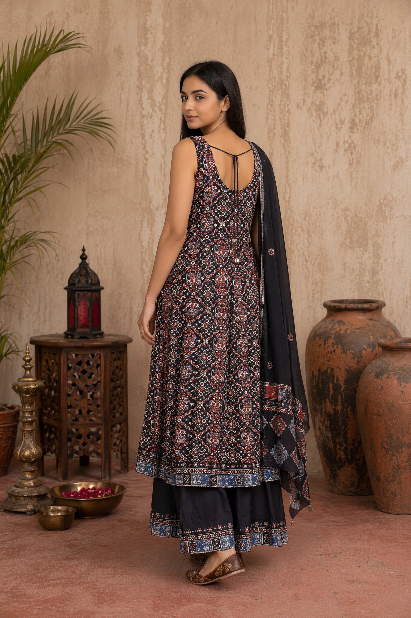 Black Ethnic Motifs Printed Modal Satin Sleeveless Flared Kurta with Culottess and Dupatta Set
