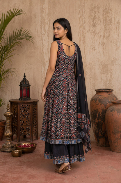 Black Ethnic Motifs Printed Modal Satin Sleeveless Flared Kurta with Culottess and Dupatta Set