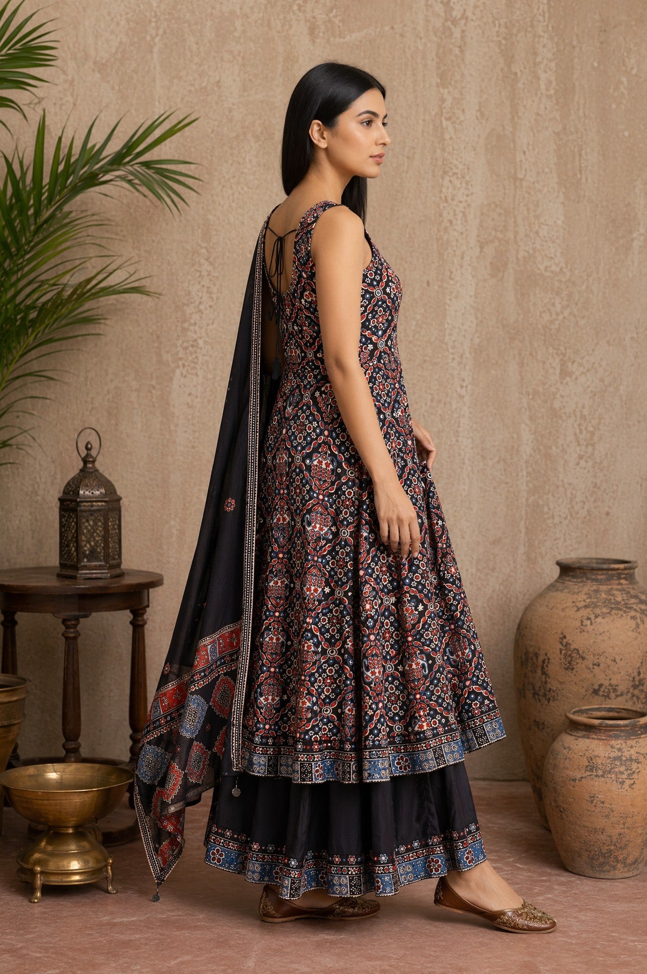 Black Ethnic Motifs Printed Modal Satin Sleeveless Flared Kurta with Culottess and Dupatta Set