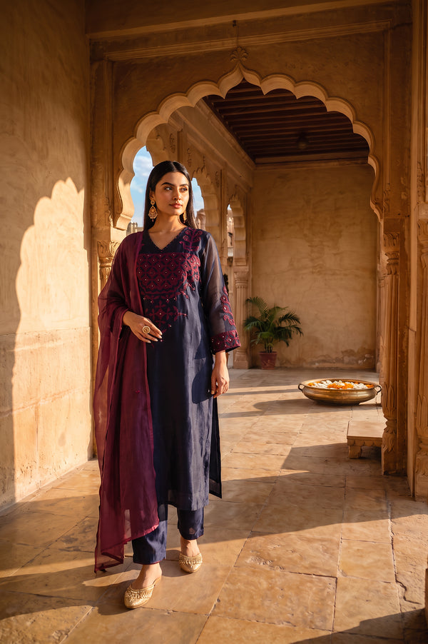 Navy Blue Embroidered Cotton Silk Straight Kurta with Straight Pants and Dupatta Set