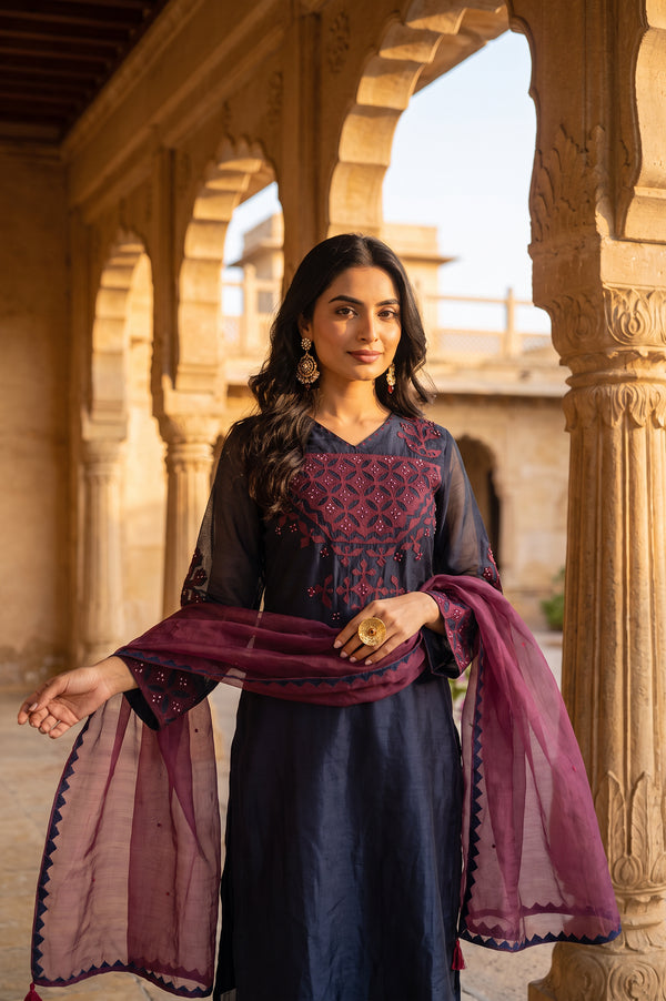 Navy Blue Embroidered Cotton Silk Straight Kurta with Straight Pants and Dupatta Set