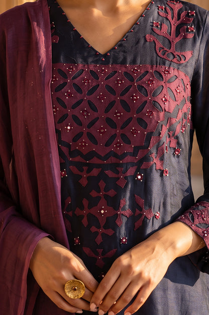 Navy Blue Embroidered Cotton Silk Straight Kurta with Straight Pants and Dupatta Set