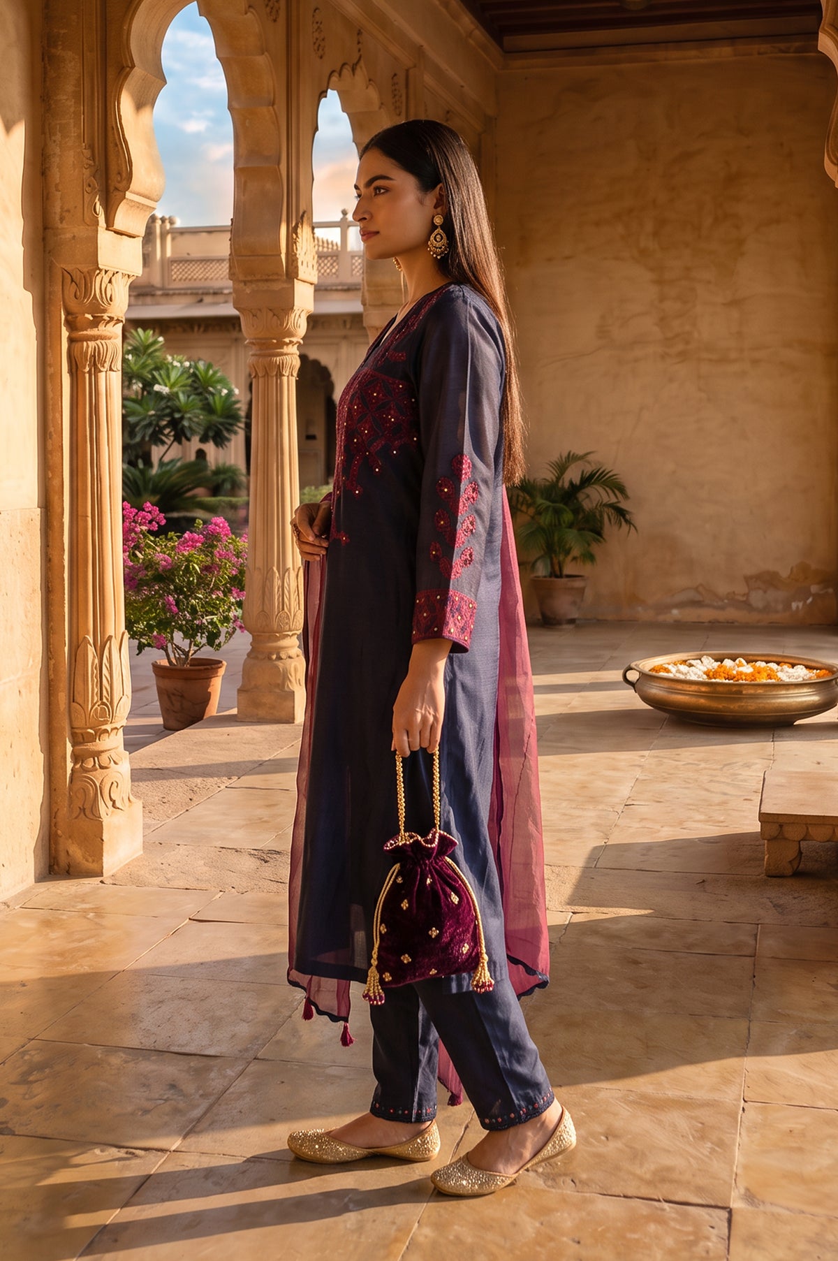 Navy Blue Embroidered Cotton Silk Straight Kurta with Straight Pants and Dupatta Set