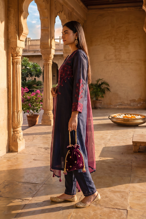 Navy Blue Embroidered Cotton Silk Straight Kurta with Straight Pants and Dupatta Set