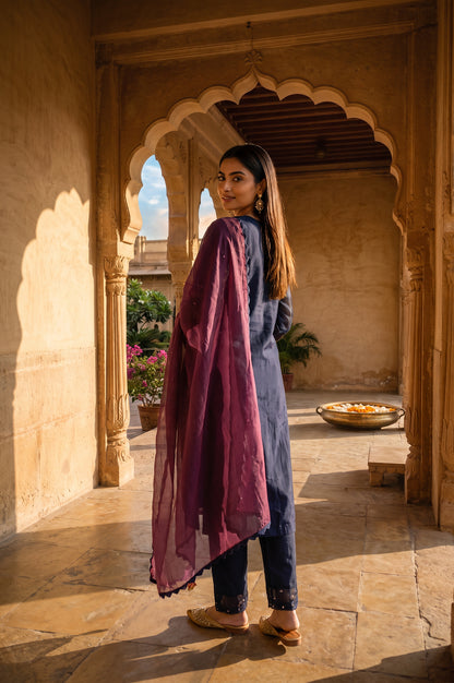 Navy Blue Embroidered Cotton Silk Straight Kurta with Straight Pants and Dupatta Set