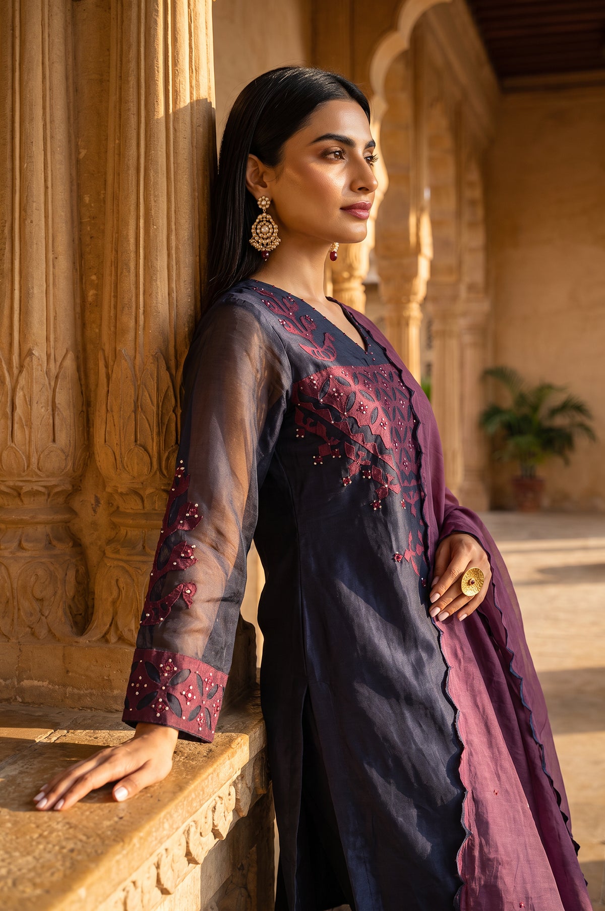 Navy Blue Embroidered Cotton Silk Straight Kurta with Straight Pants and Dupatta Set
