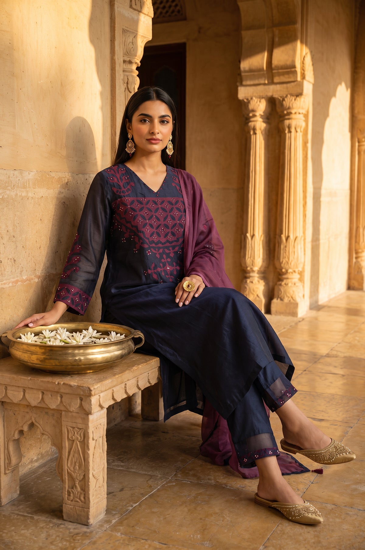 Navy Blue Embroidered Cotton Silk Straight Kurta with Straight Pants and Dupatta Set