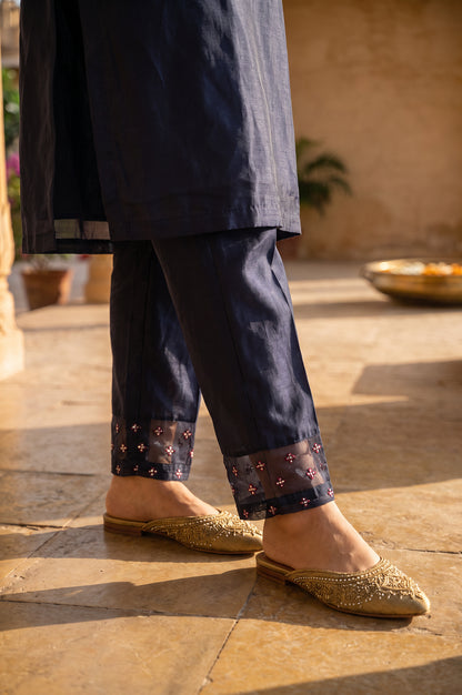 Navy Blue Embroidered Cotton Silk Straight Kurta with Straight Pants and Dupatta Set