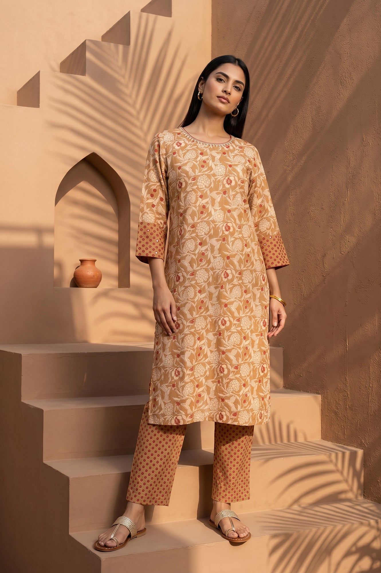 Mustard Block Printed Pure Cotton Straight Kurta With Straight Pants Set