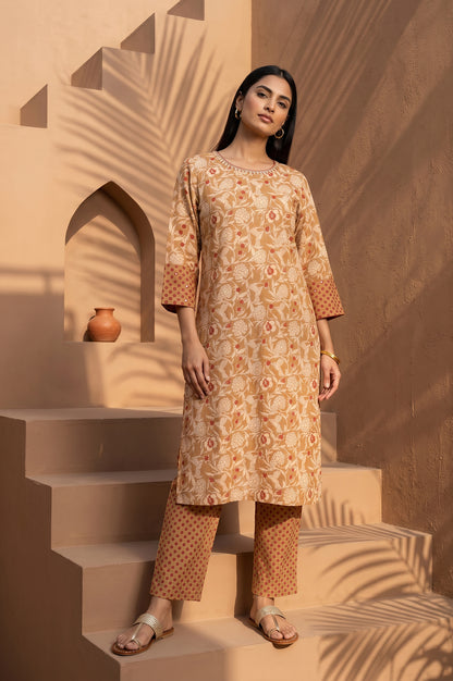 Mustard Block Printed Pure Cotton Straight Kurta With Straight Pants Set