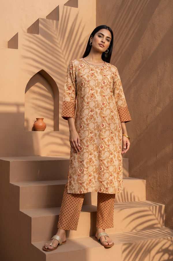 Mustard Block Printed Pure Cotton Straight Kurta With Straight Pants Set