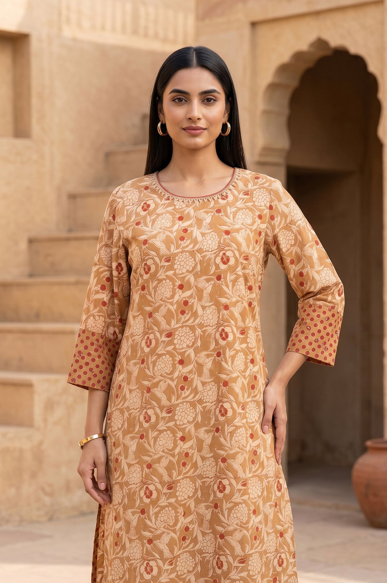 Mustard Block Printed Pure Cotton Straight Kurta With Straight Pants Set