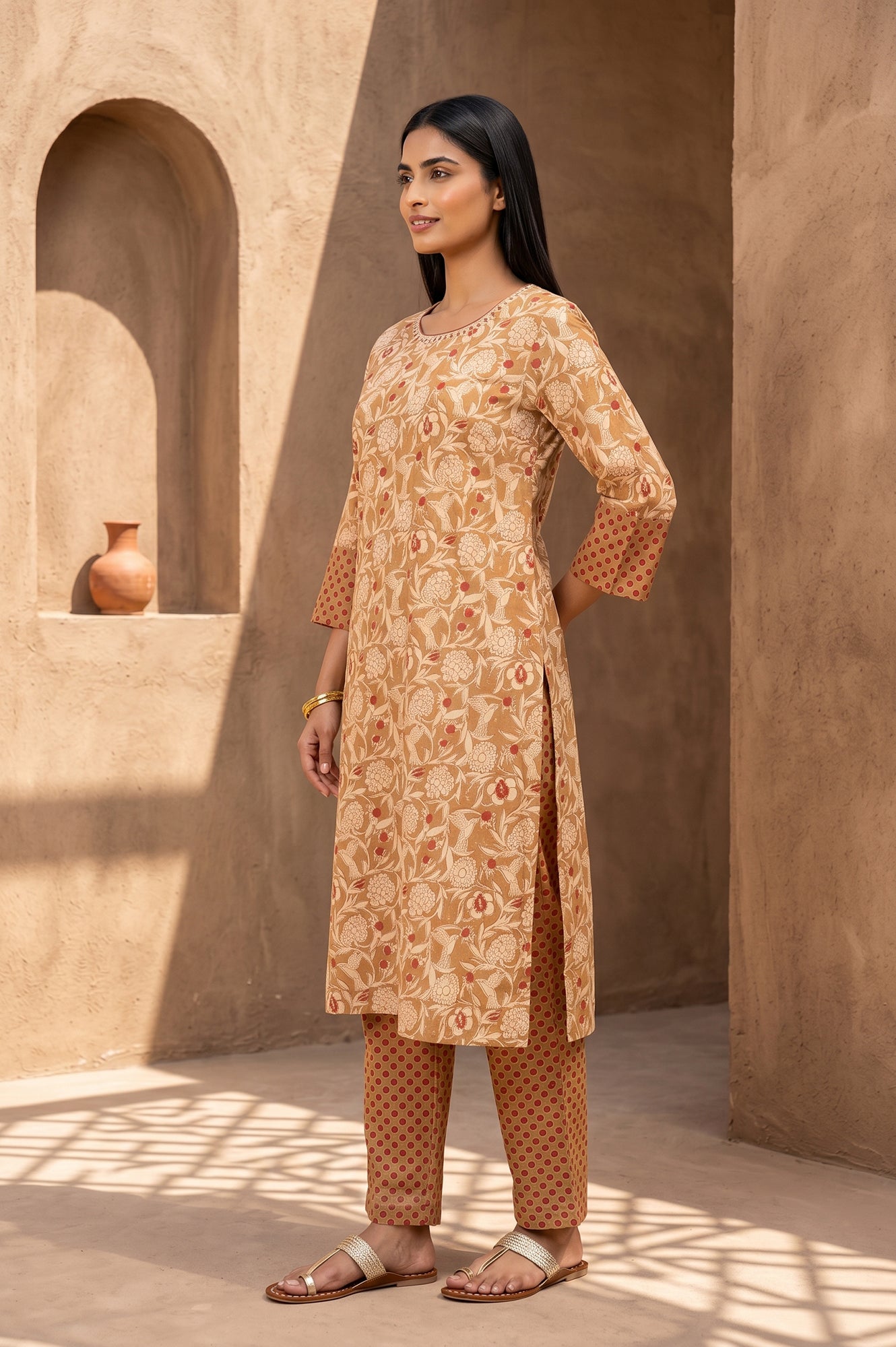Mustard Block Printed Pure Cotton Straight Kurta With Straight Pants Set
