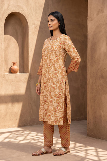 Mustard Block Printed Pure Cotton Straight Kurta With Straight Pants Set