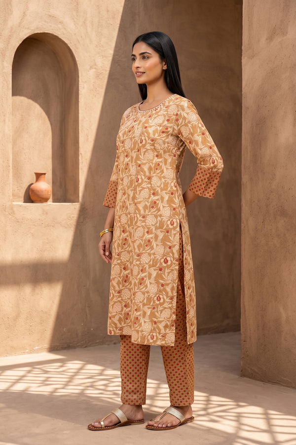 Mustard Block Printed Pure Cotton Straight Kurta With Straight Pants Set