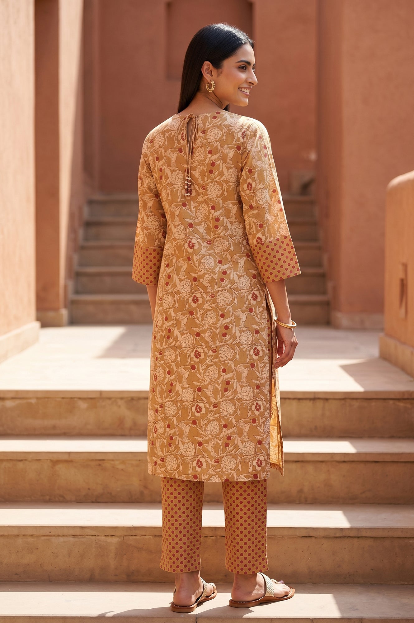 Mustard Block Printed Pure Cotton Straight Kurta With Straight Pants Set