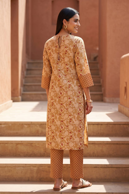 Mustard Block Printed Pure Cotton Straight Kurta With Straight Pants Set