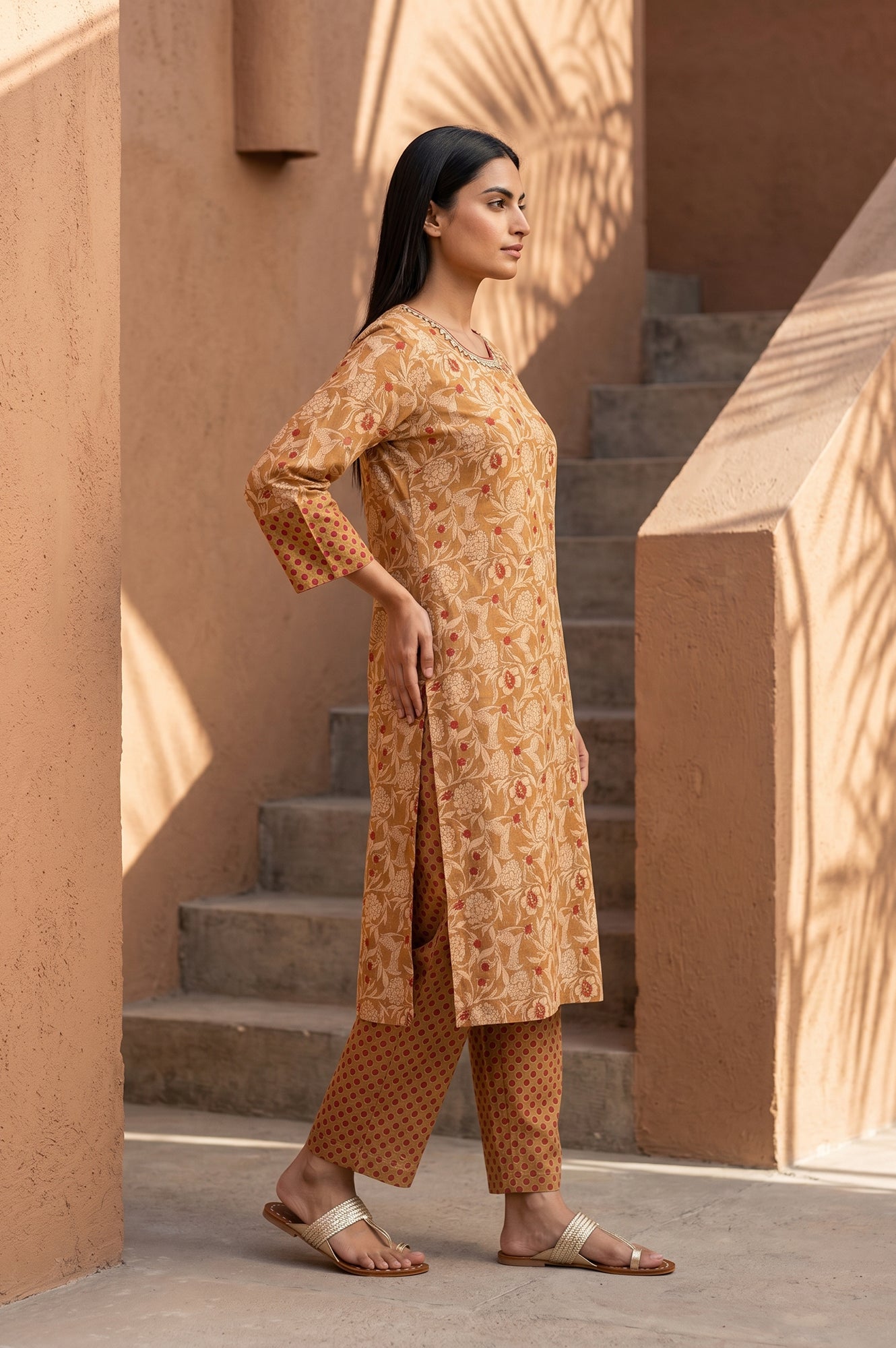 Mustard Block Printed Pure Cotton Straight Kurta With Straight Pants Set